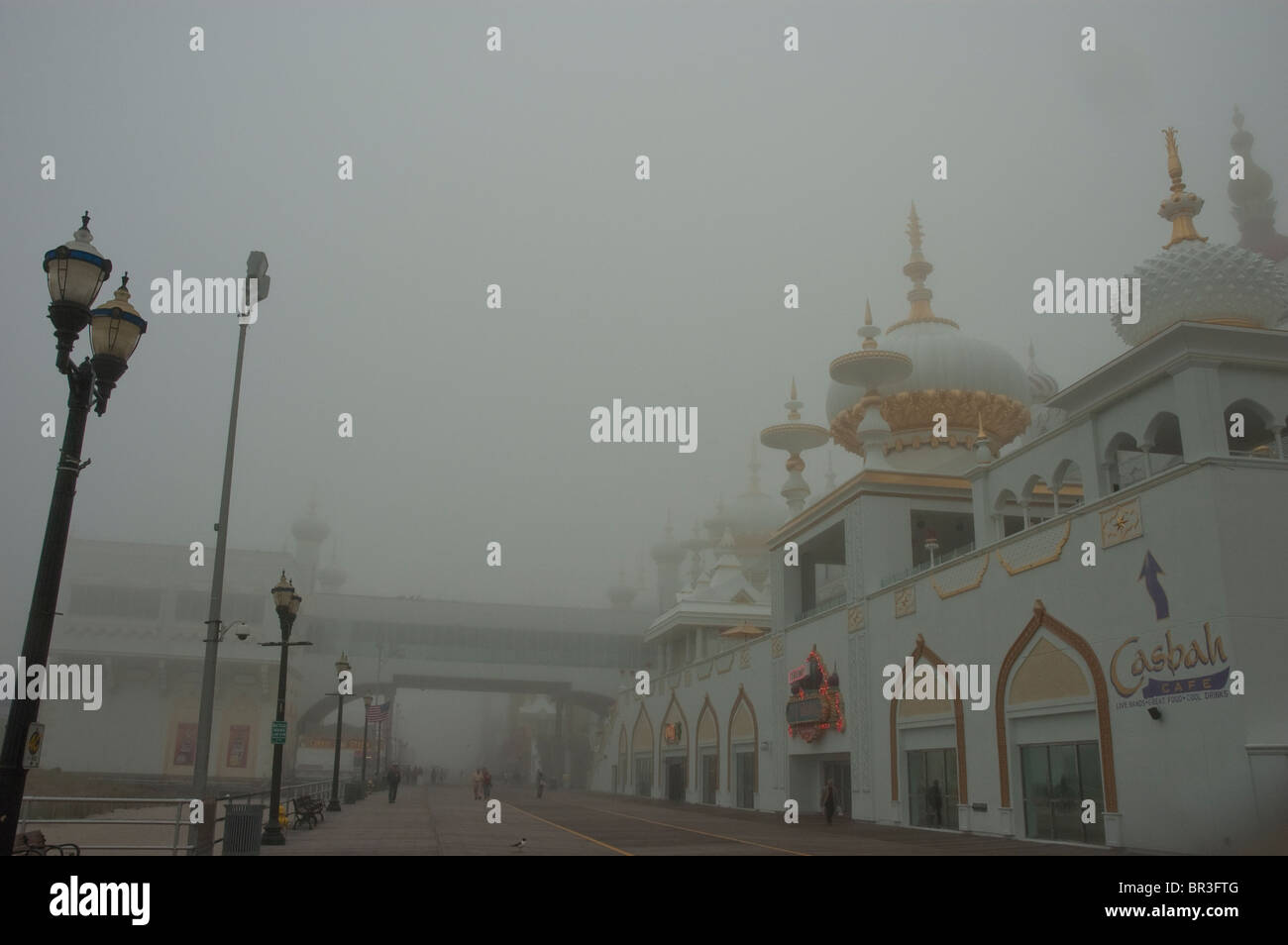 A view of the boardwalk in Atlantic City New Jersey shrouded in fog ...