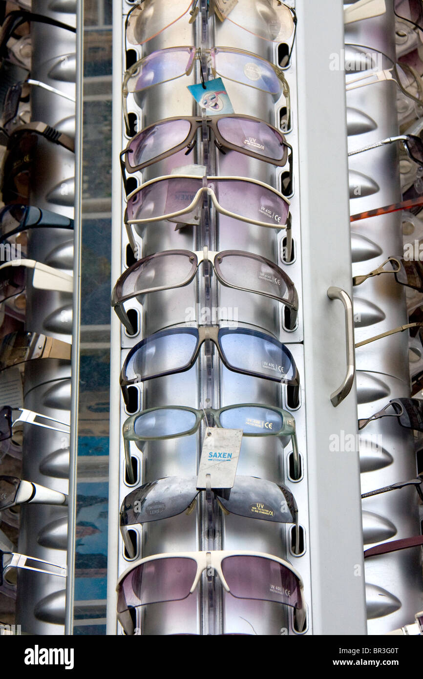 different types of sun glasses displayed on a shop Stock Photo