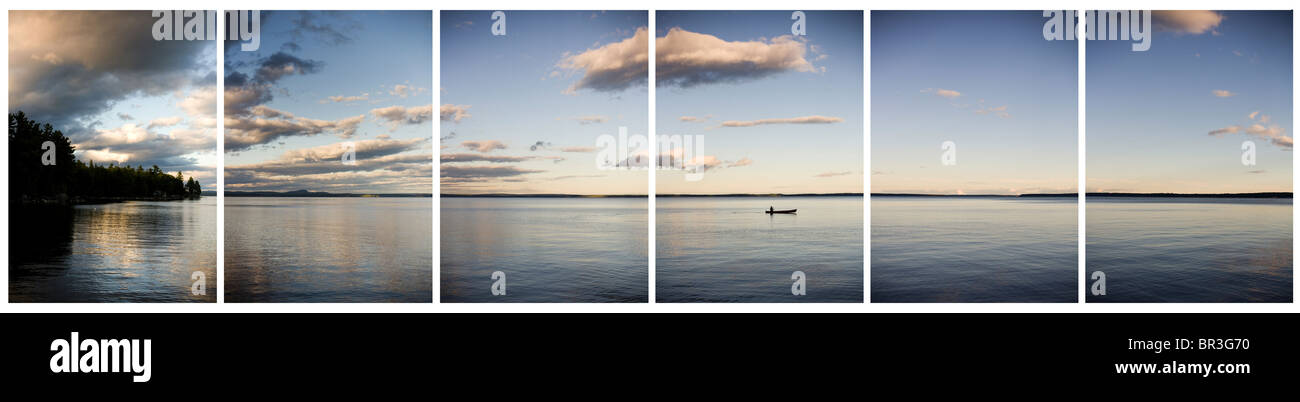 A panaramic of six images depicting a canoe drifting peacefully over the calm waters with a dramatic background Stock Photo
