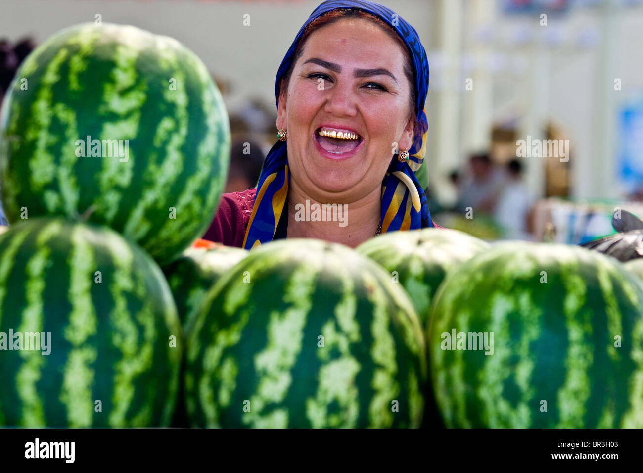 Watermelon vendor at the bazaar in Bukhara, Uzbekistan Stock Photo