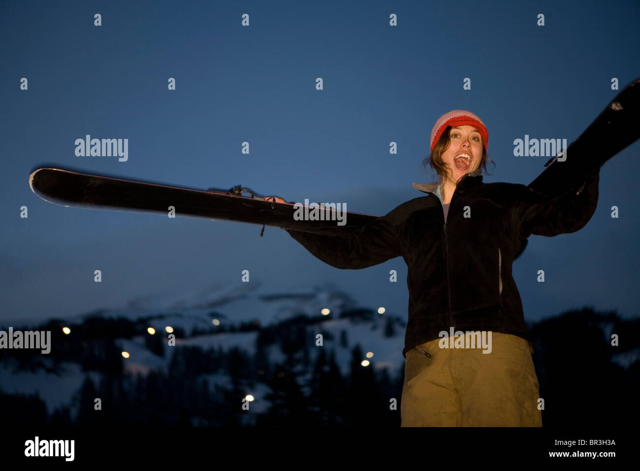 Competitive free skier, Claire Smallwood shows her excitement before a