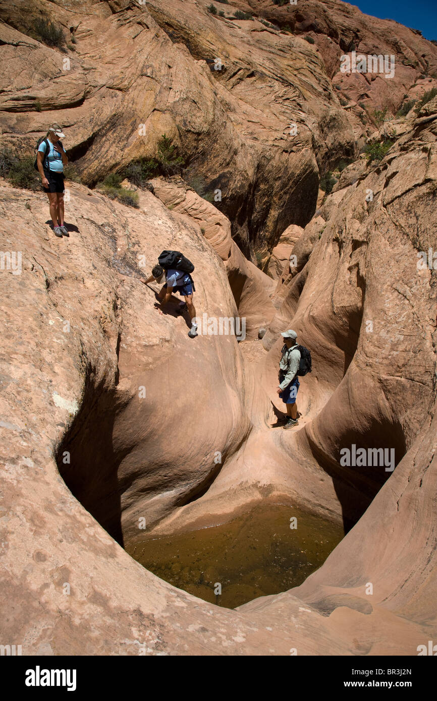 Canyoneers descending Entrajo canyon near Moab, Utah, United States. Stock Photo
