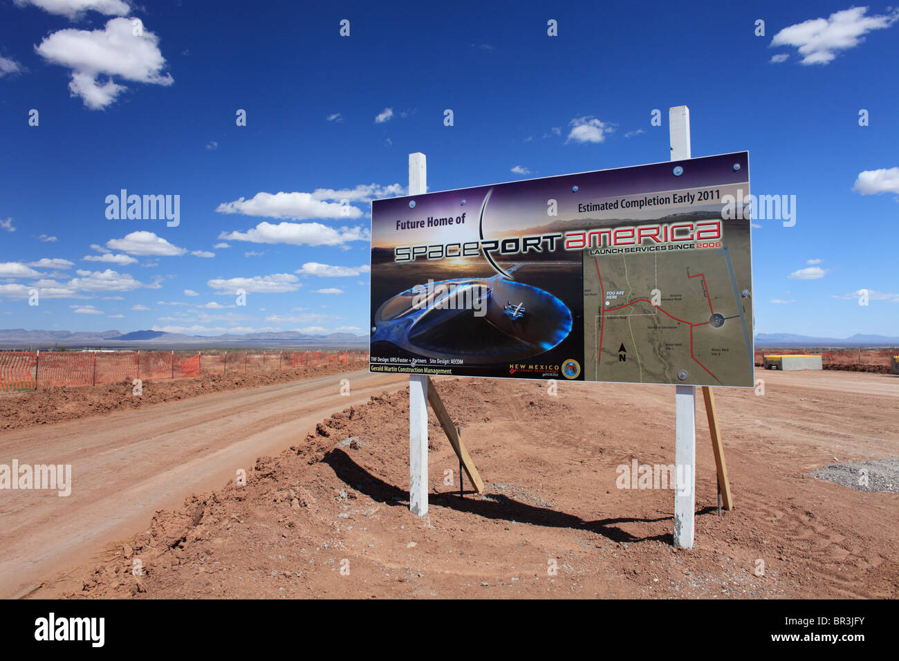 General view of the entrance to Spaceport America, a commercial spaceport under construction in rural New Mexico. Stock Photo