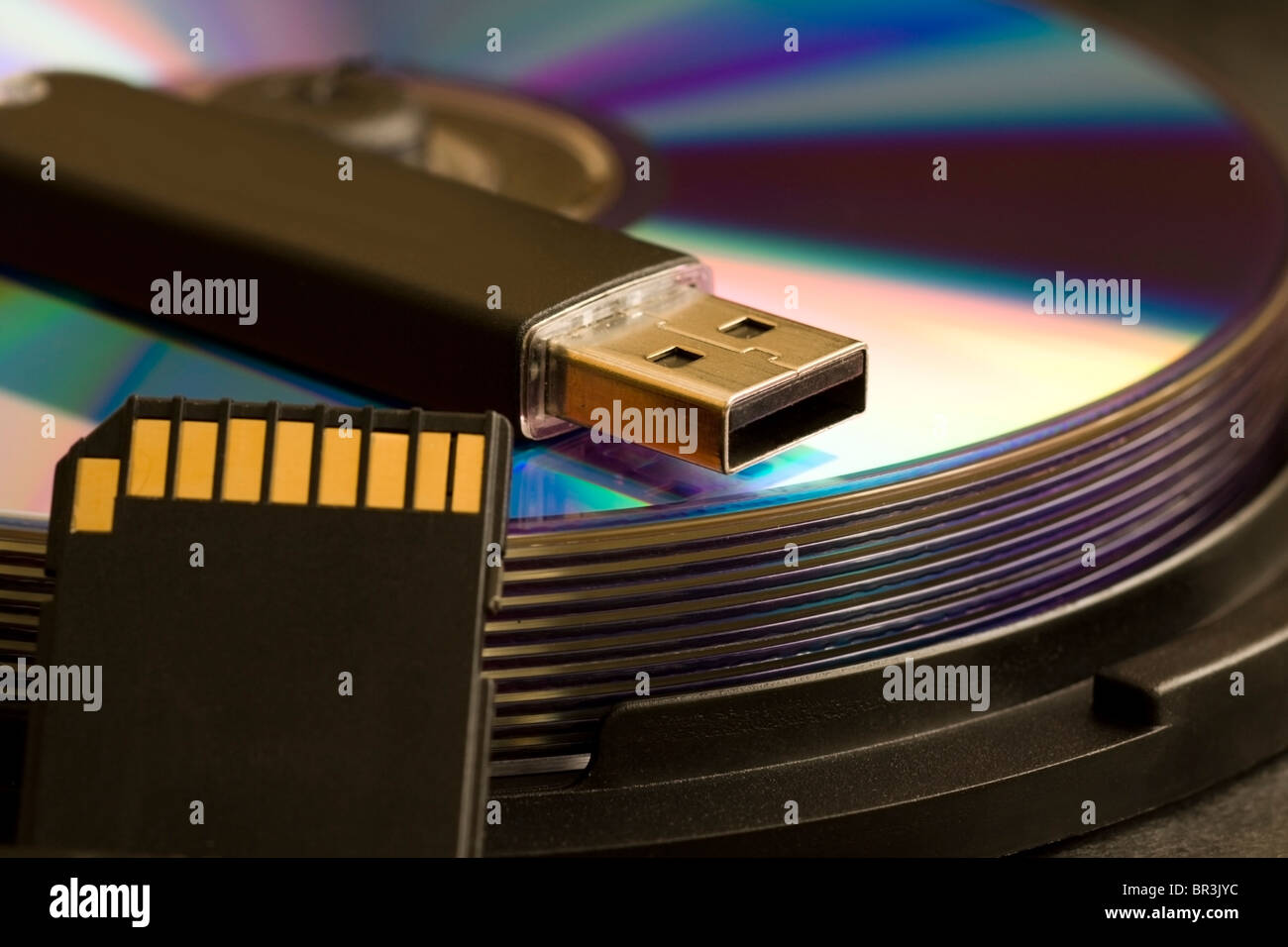 Cds and usb devise with Camera SD card Stock Photo