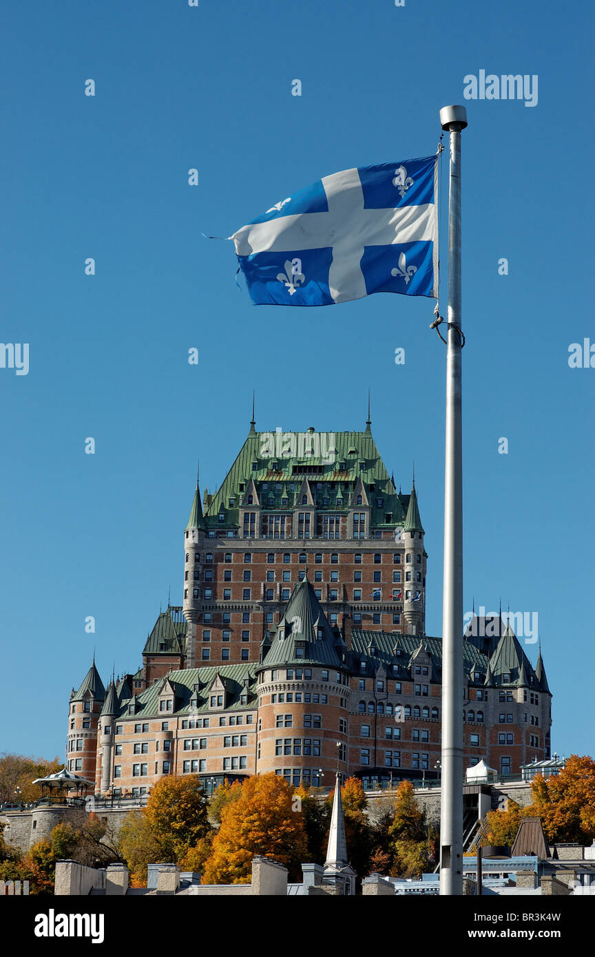 The Quebec Flag flying in front of the Chateau Frontenac Stock Photo