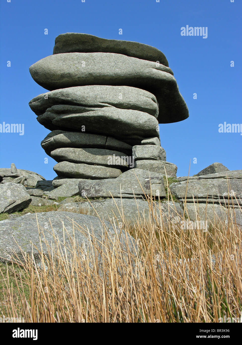 Pile of granite slabs called "The Cheesewring" on Bodmin Moor, Cornwall