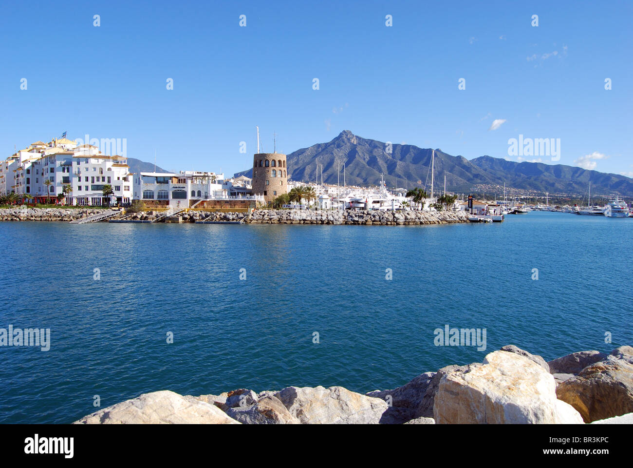 Harbour mouth, Puerto Banus, Marbella, Costa del Sol, Malaga Province, Andalucia, Spain, Western Europe. Stock Photo