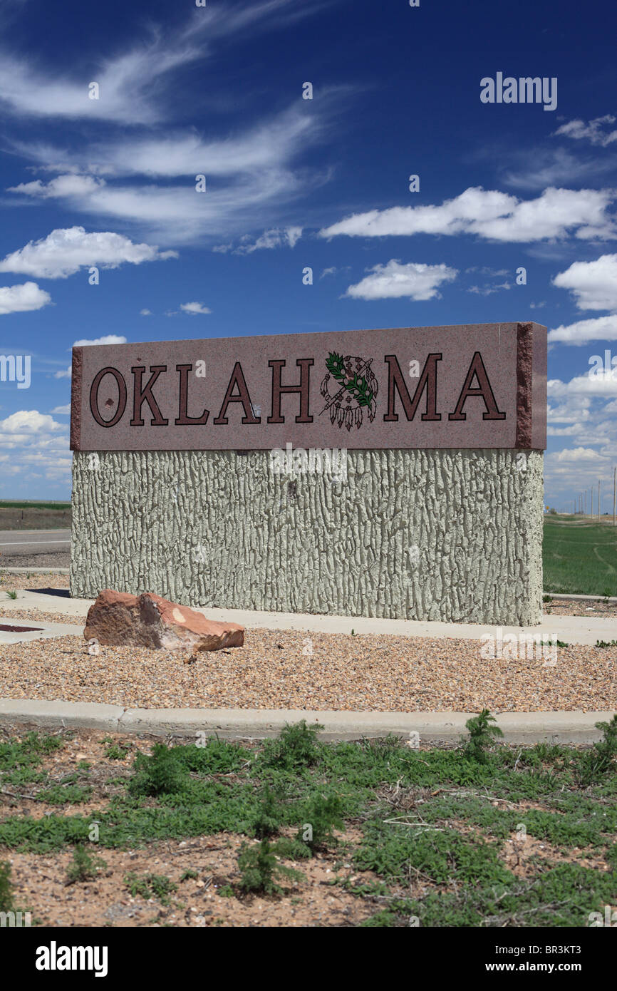Sign marking the state line between New Mexico and Oklahoma. Stock Photo