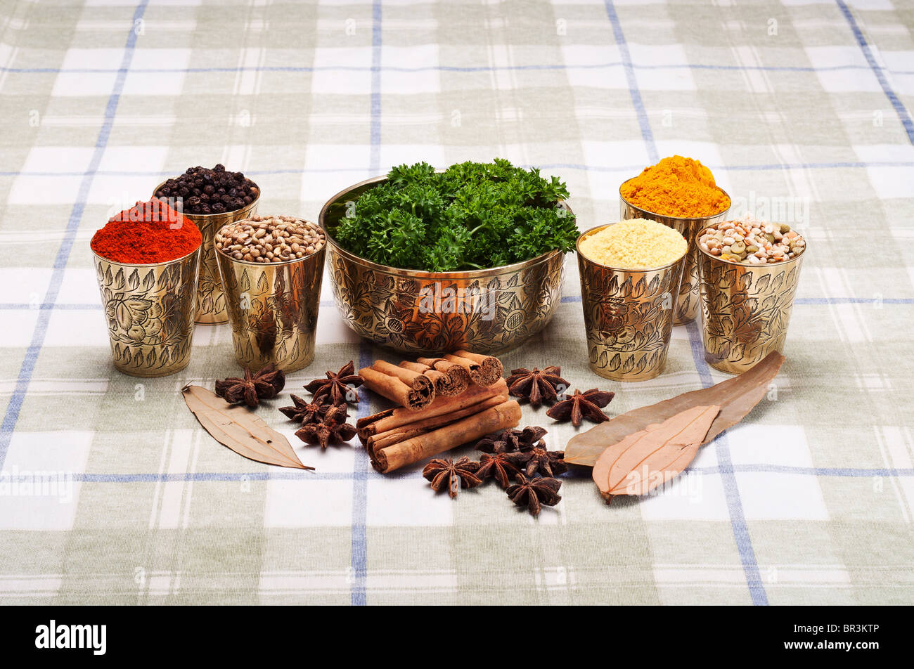 Colorful arrangement of Indian spices in brass containers with parsley