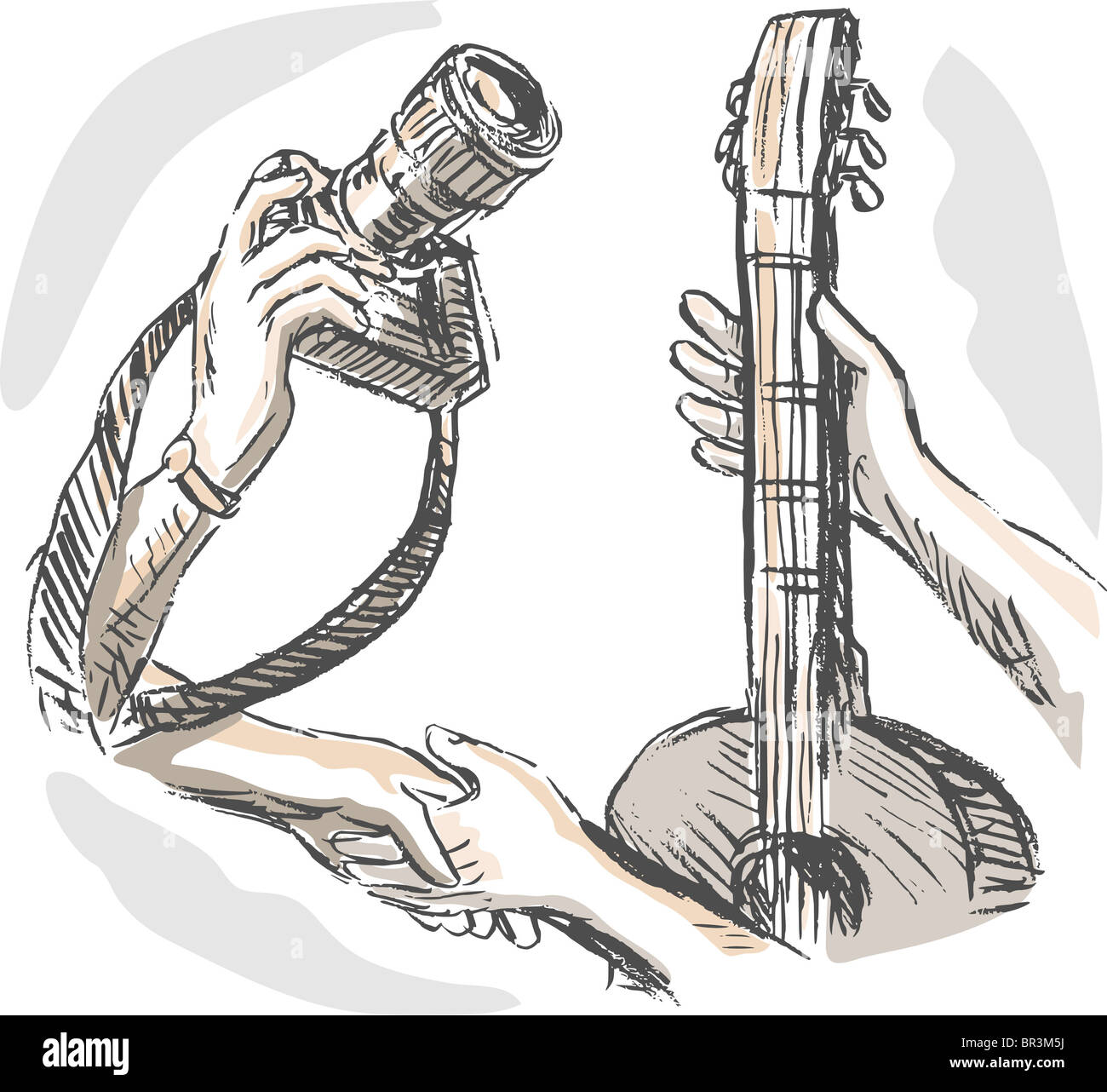 hand sketched illustration of Barter swapping hands with camera and guitar while shaking hands handshake Stock Photo