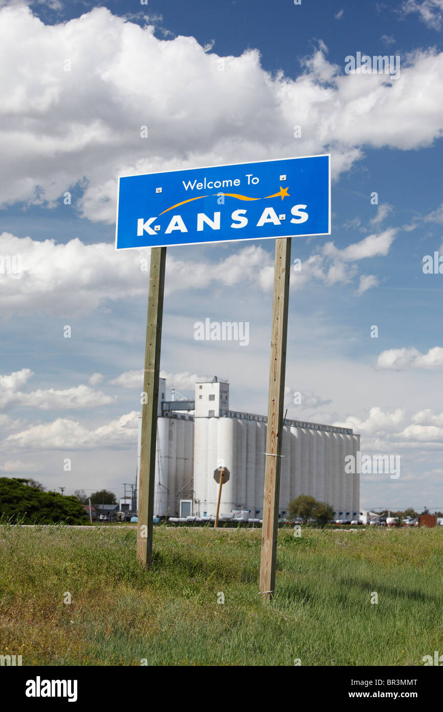 Welcome to Kansas sign at the Oklahoma/Kansas border. Stock Photo