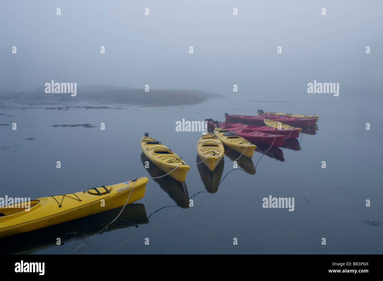 Kayaks in the morning fog Stock Photo