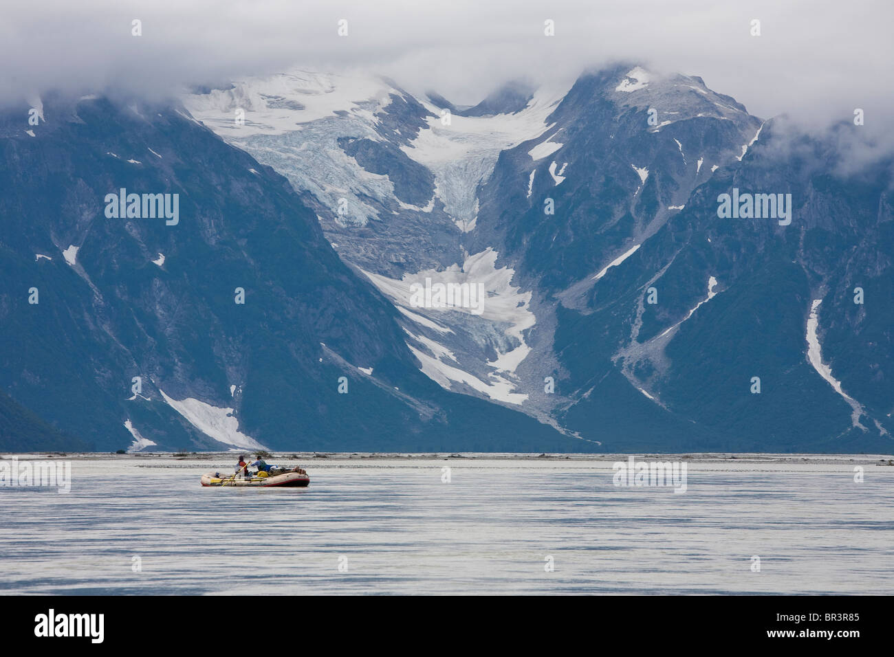 Raft floating down a river in Alaska, United States. Stock Photo