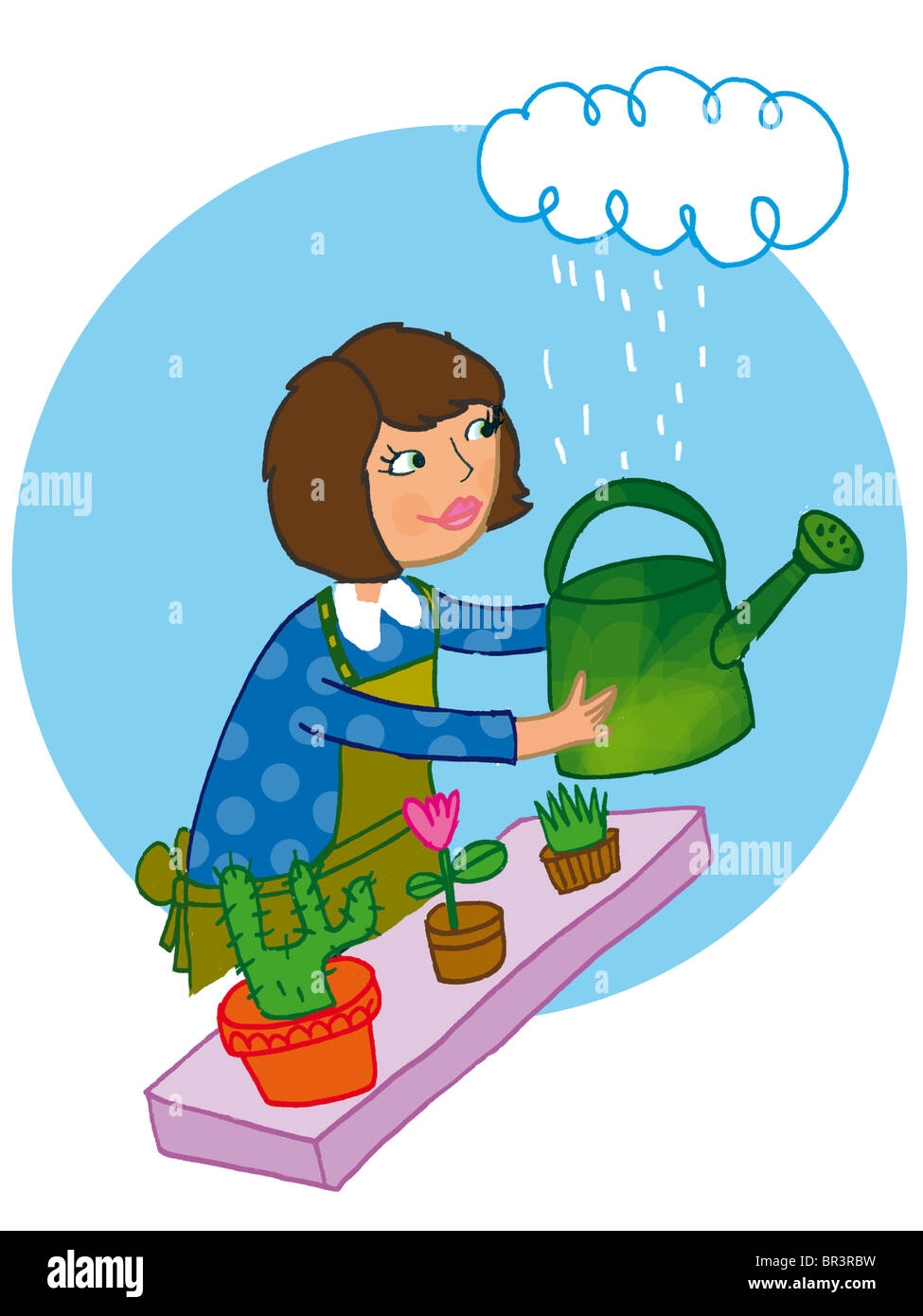 A woman collecting rain water for her plants Stock Photo - Alamy