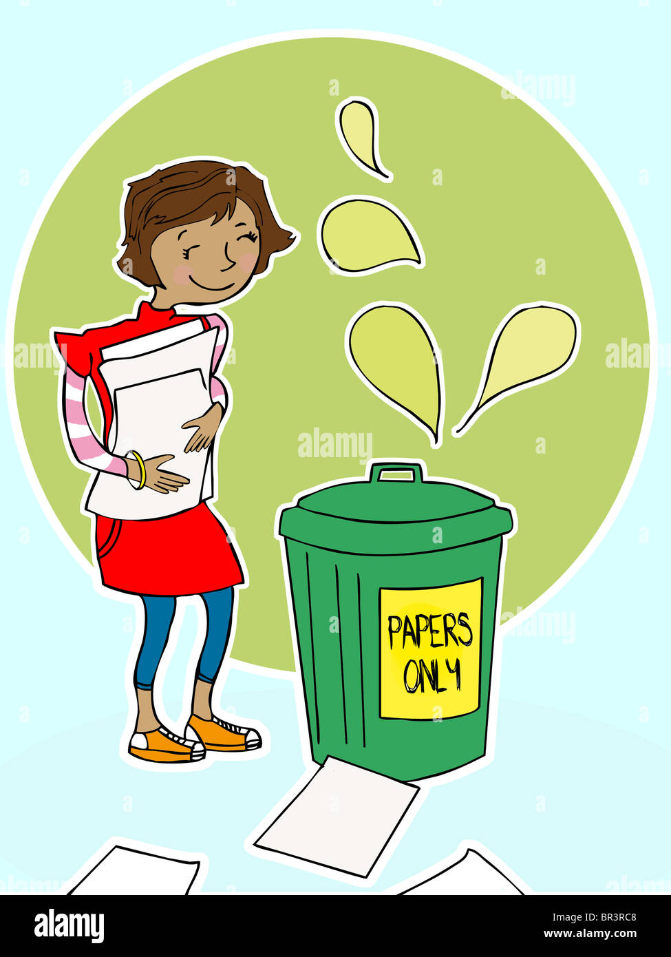 A girl taking a pile of papers to a recycling bin Stock Photo Alamy