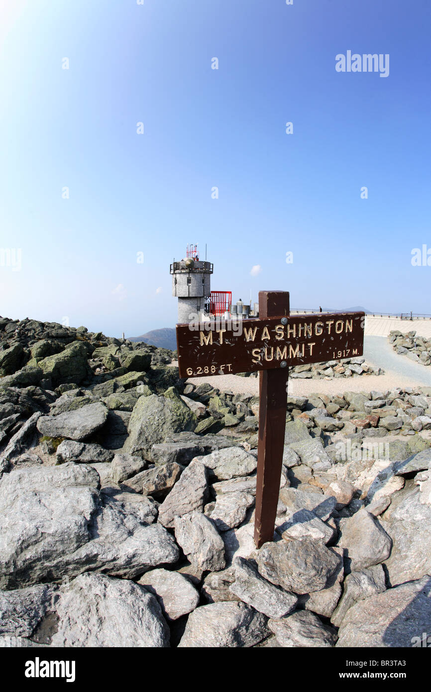 Signpost on the summit of Mt Washington with the weather research