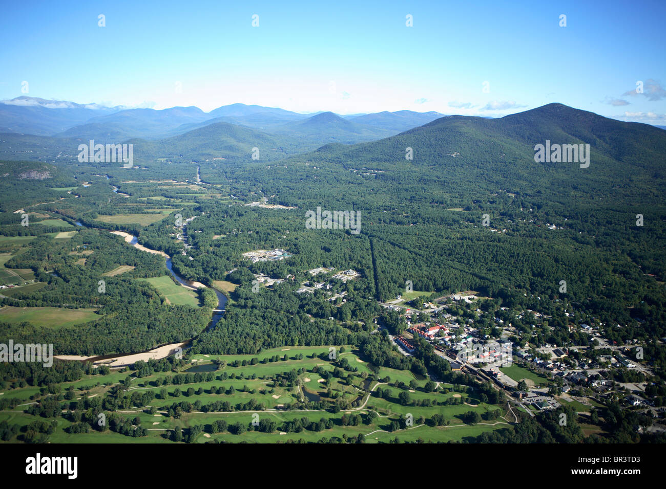Aerial view of the town of North Conway, NH nestled in the Mt