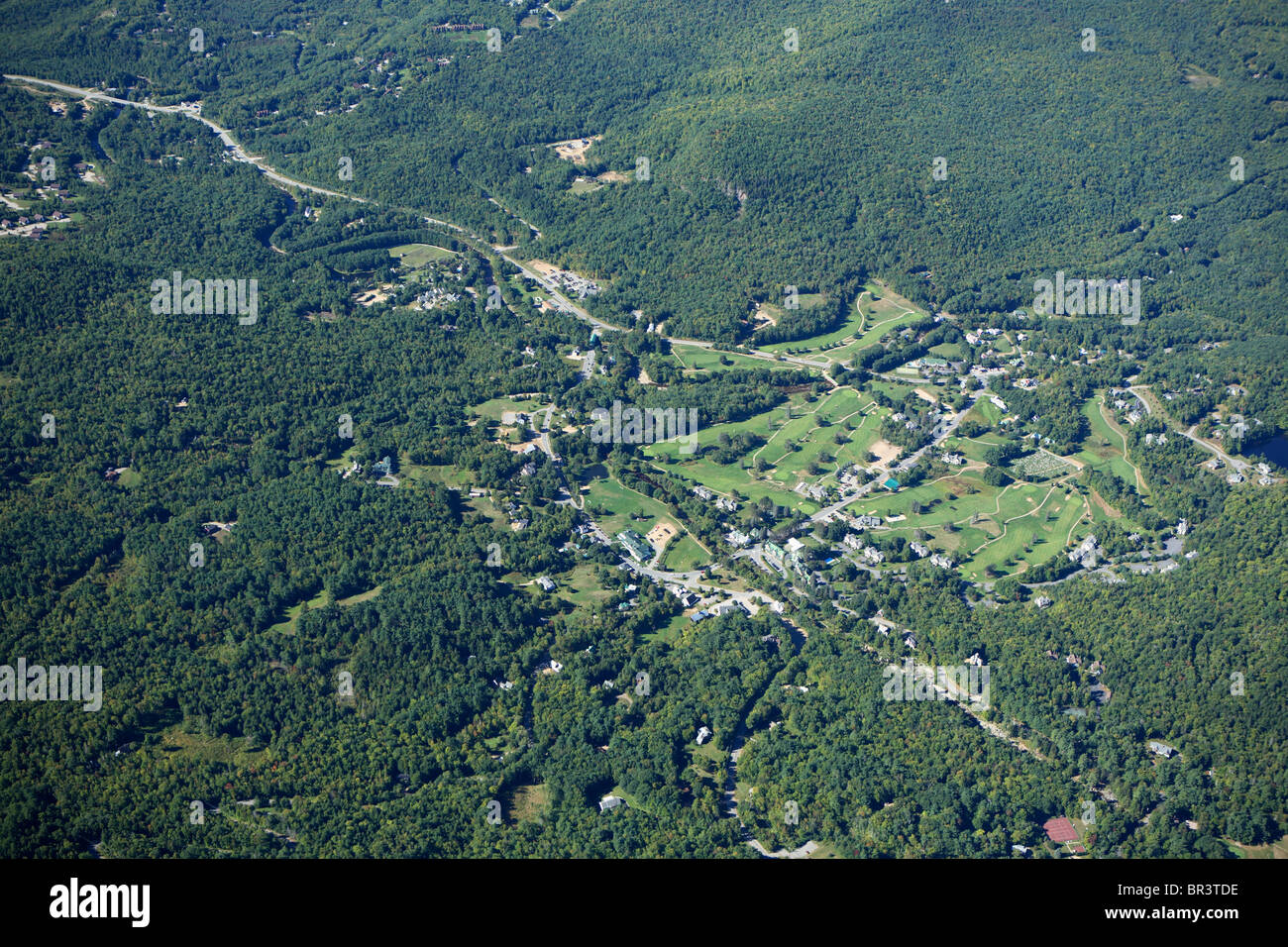 Aerial view of the town of Jackson, NH situated at the foot of Mt Washington near North Conway, NH Stock Photo