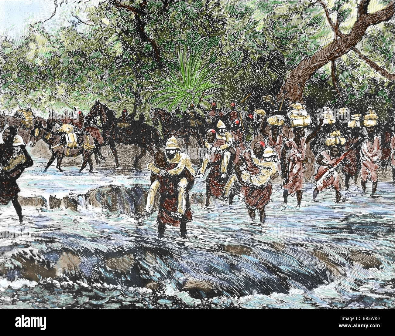 Explorers crossing a stream in the mountains Niéniéya. Sudan. Colored engraving of 1892. Stock Photo