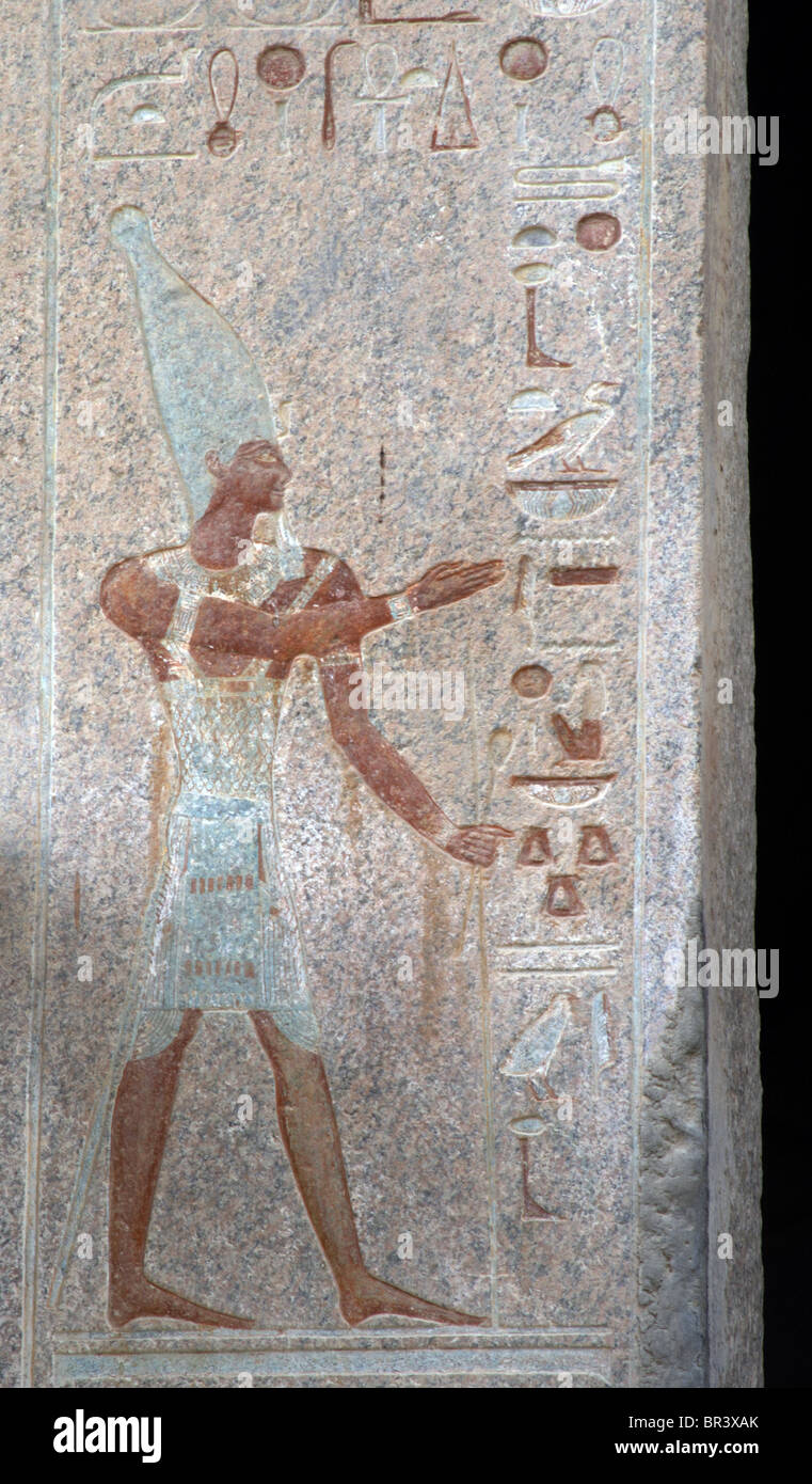 Polychrome relief depicting a pharaoh. Temple of Hatshepsut. New Kingdom. Eighteenth Dynasty. Deir el-Bahari. Egypt. Stock Photo