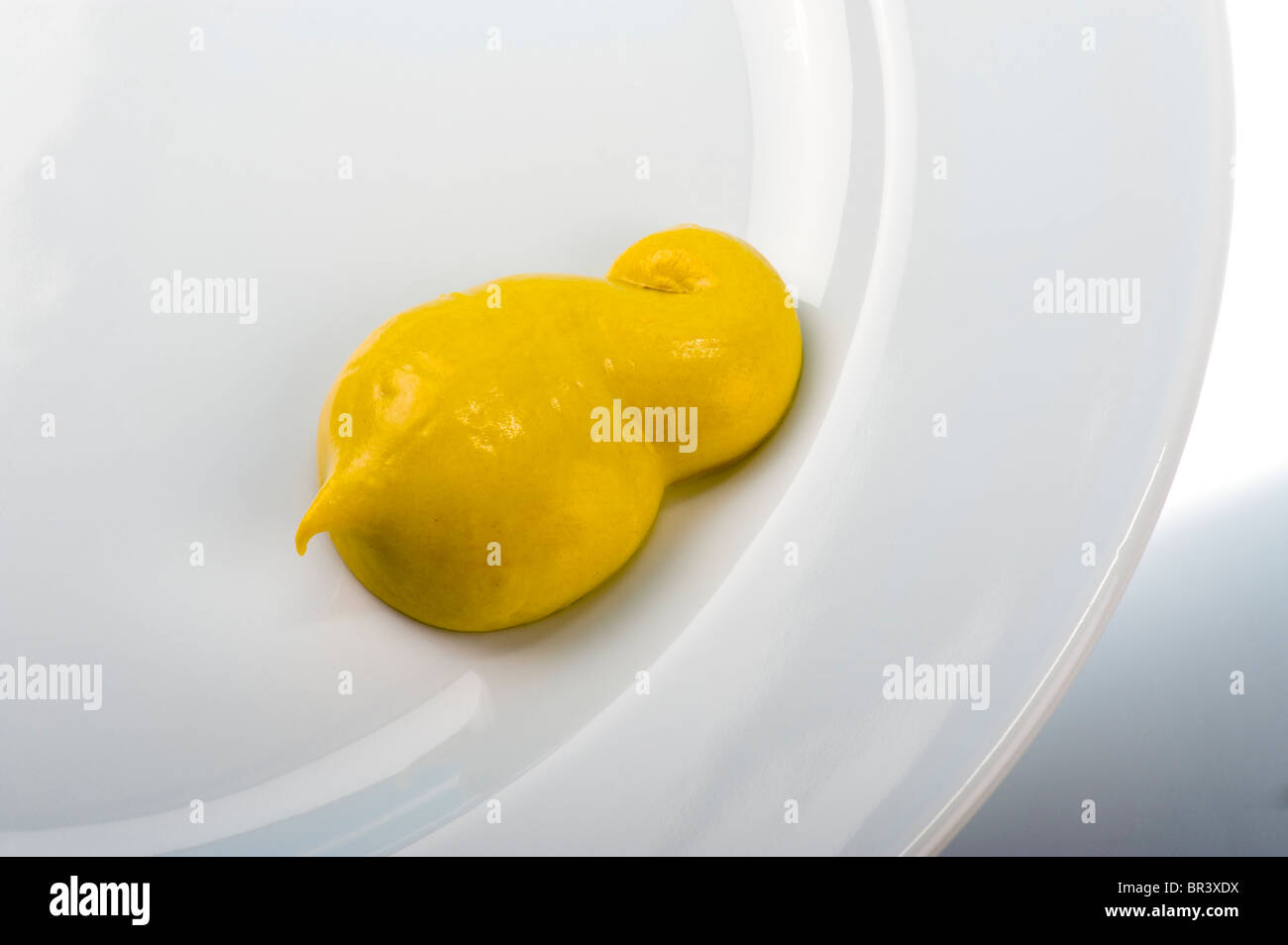 portion of MUSTARD on a white plate glob knob blob hot spice for sausage weenie hot dogs Stock Photo