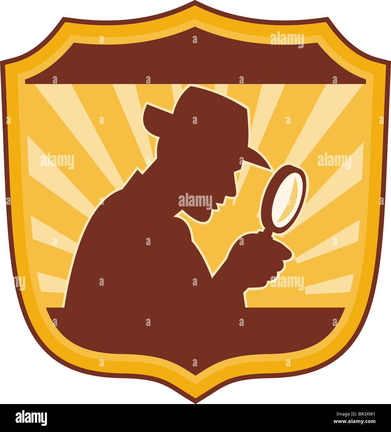illustration of a male detective inspector with magnifying glass set inside a shield Stock Photo