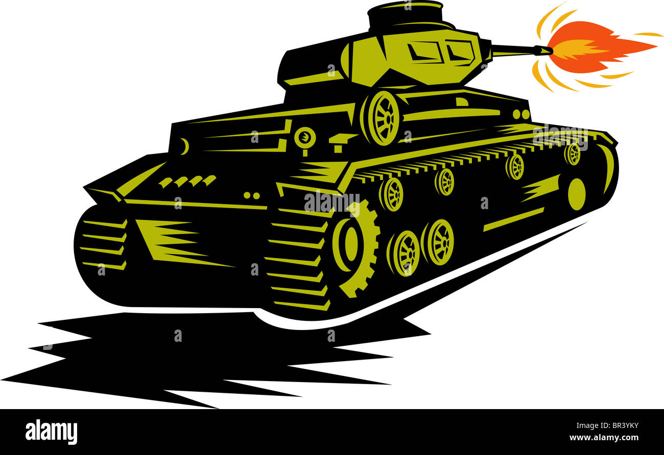 illustration of a world war two battle tank firing its cannon done in woodcut style Stock Photo