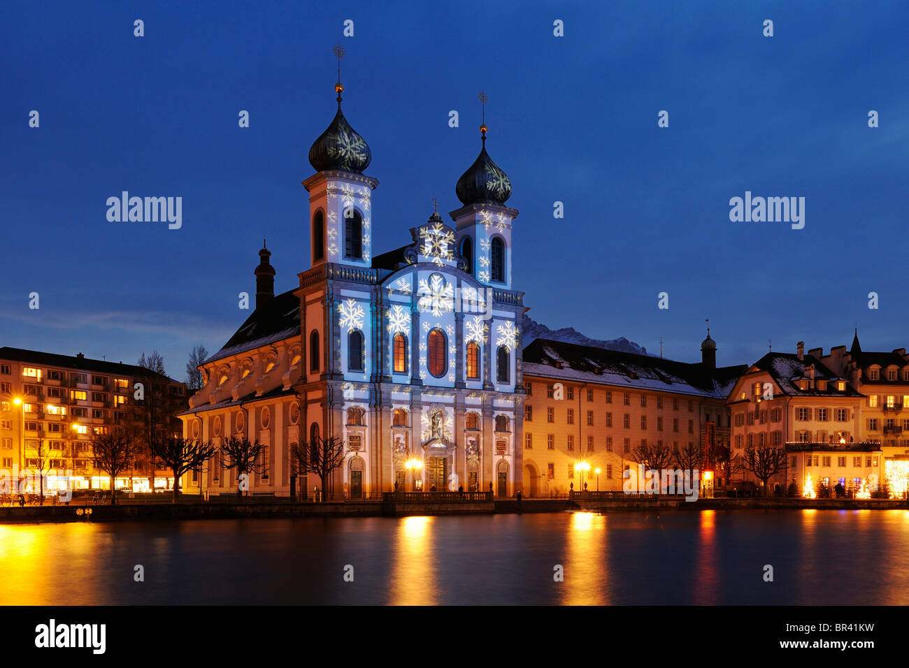 Jesuit Church illuminated by light artist Gerry Hofstetter with Christmas light, Lucerne, Switzerland, Europe Stock Photo