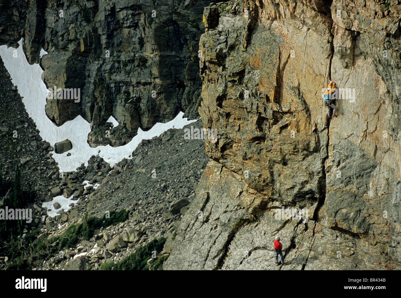 Two men rock climbing in Rocky Mountain National Park. CO. Stock Photo