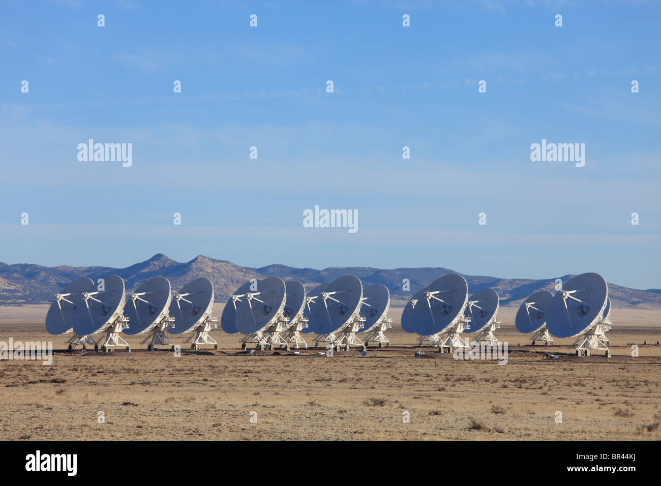 Radio telescope dishes in the Very Large Array, New Mexico, are arranged in the "D" configuration. Stock Photo