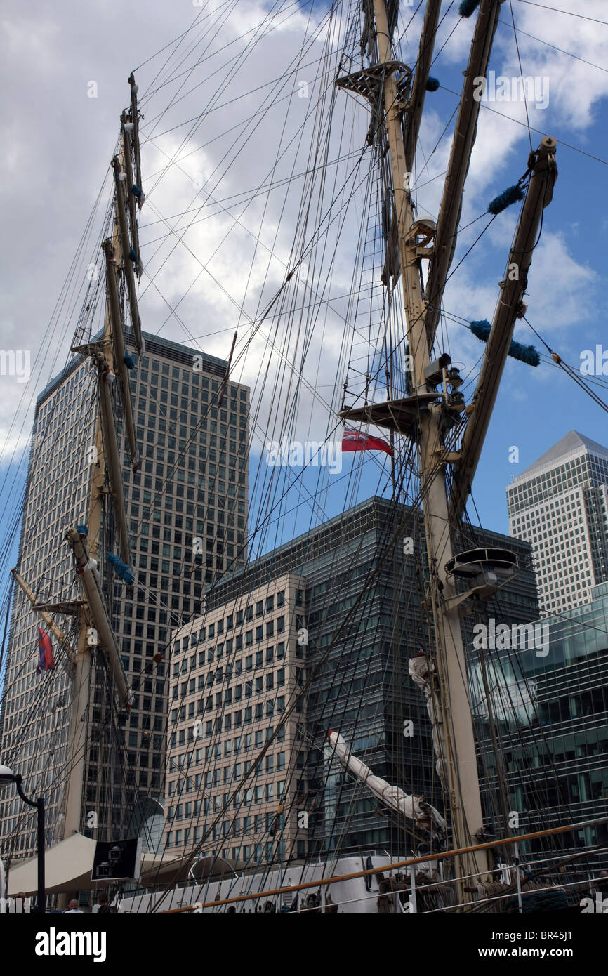 A view of Canary Wharf in London's docklands with the masts of the