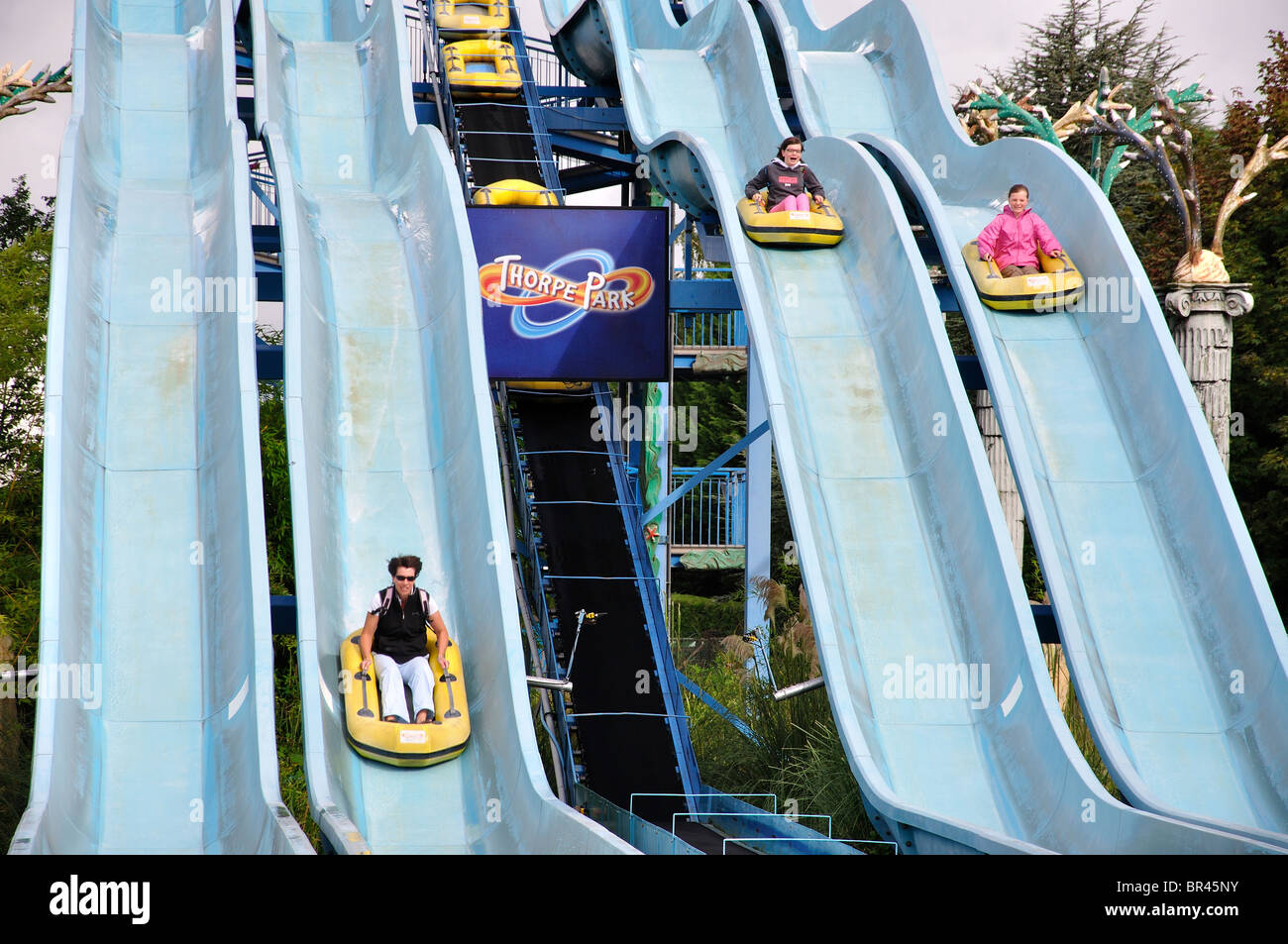 Depth Charge water slide, Thorpe Park Theme Park, Chertsey, Surrey, England, United Kingdom Stock Photo