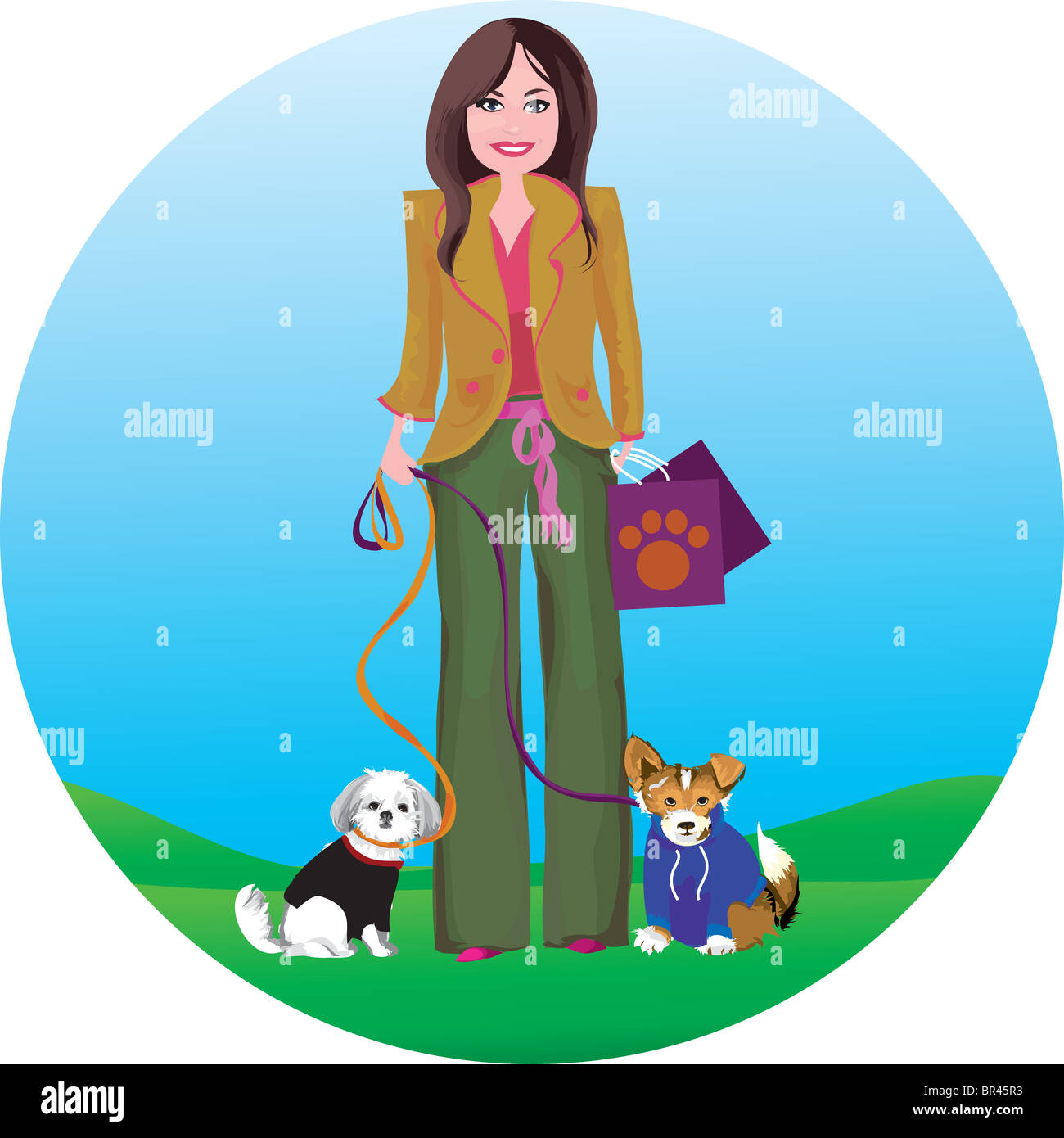 a-woman-walking-two-dogs-while-shopping-BR45R3.jpg