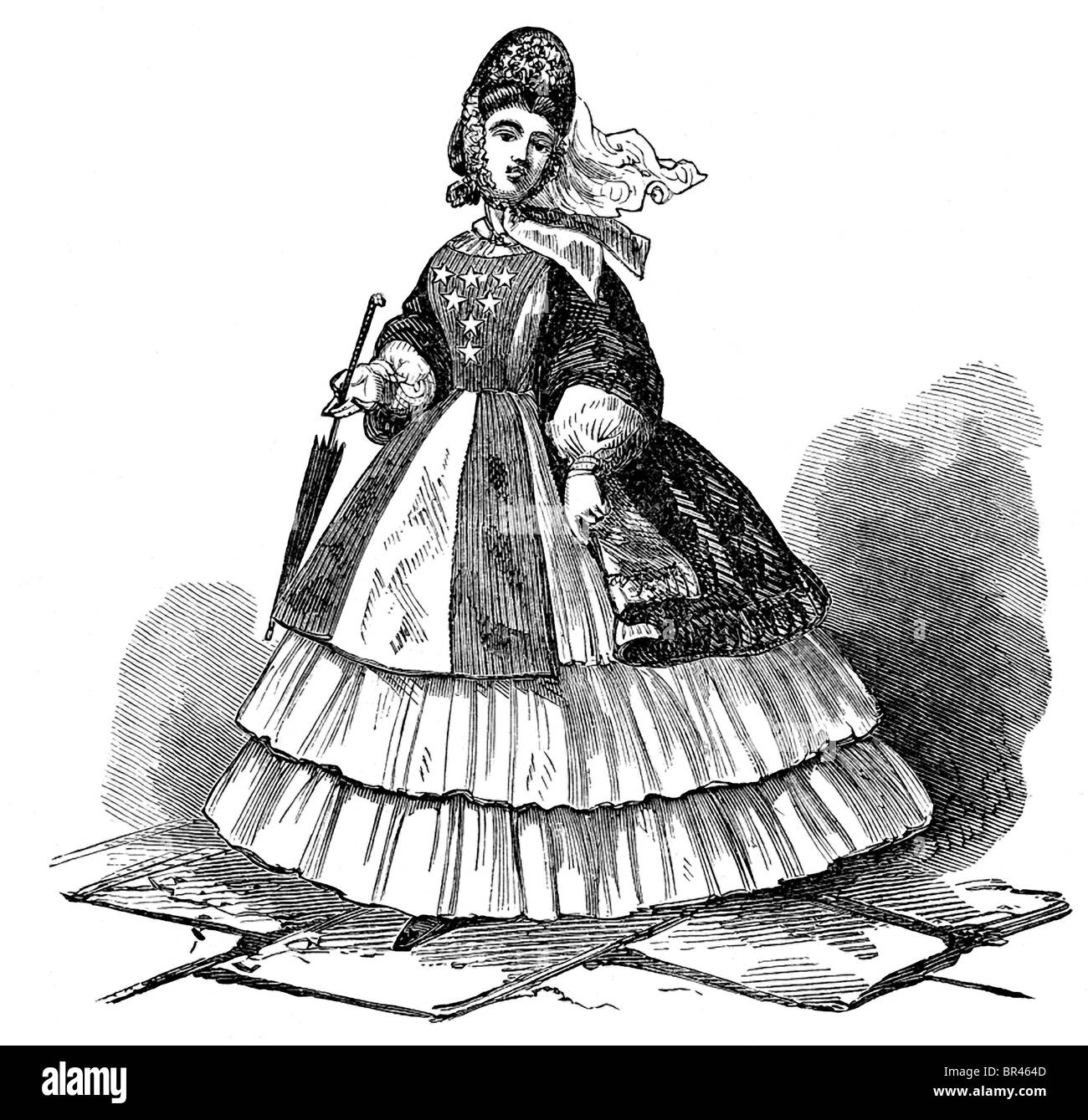 This 1866 engraving shows a dress some Confederate sympathizer women in Washington, Baltimore, and other cities wore. Stock Photo