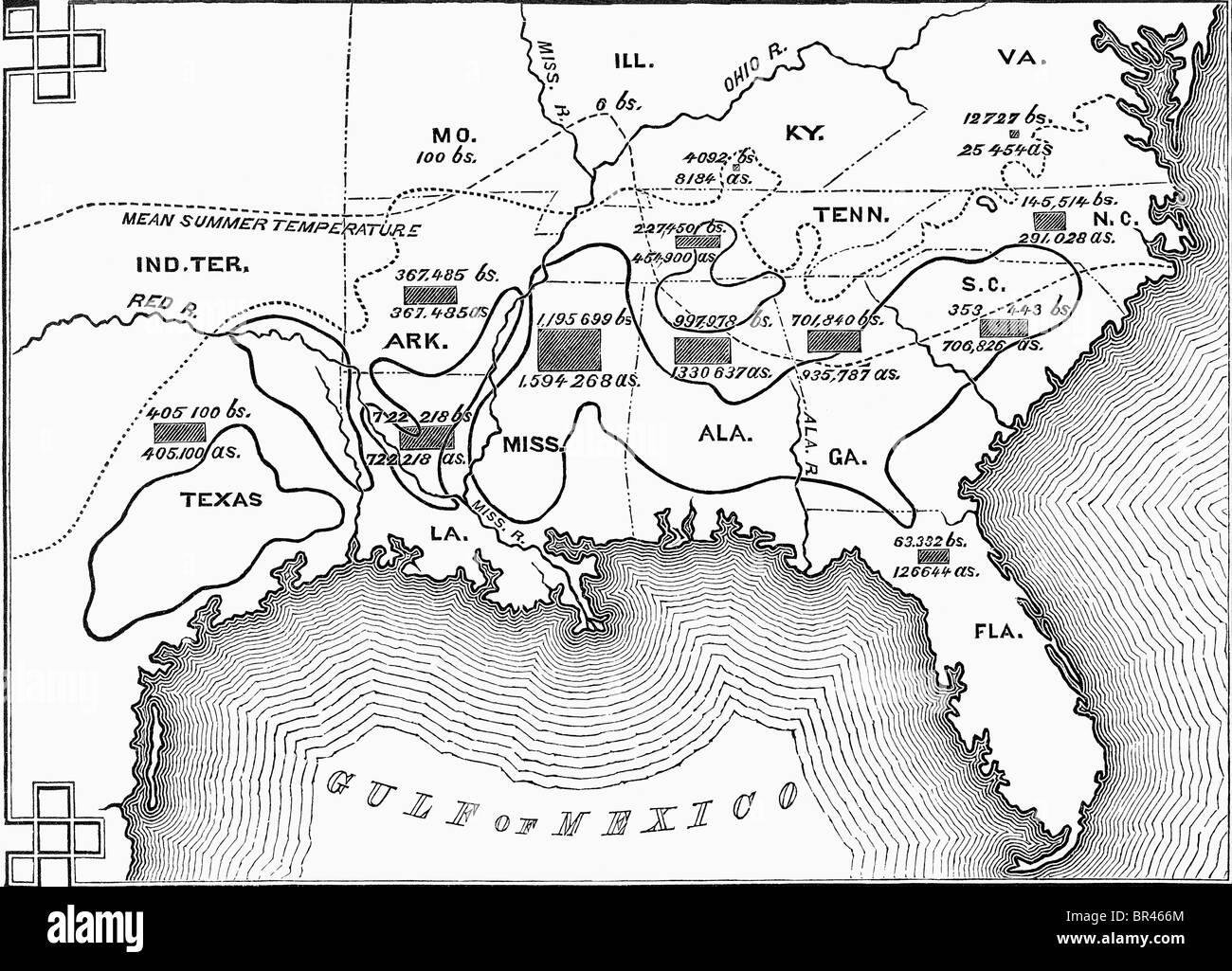 The solid black lines on this 1862 map enclose the principal cotton regions in the 10 southeastern states of the United States. Stock Photo