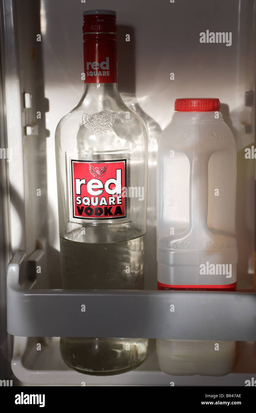 Red Square vodka and milk in fridge Stock Photo