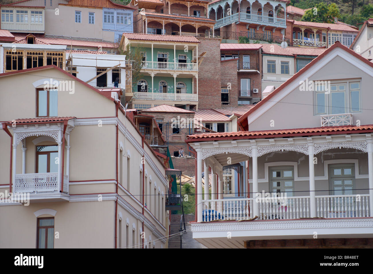 old houses with wooden balconies in Tbilisi, Georgia, Caucasus Stock Photo