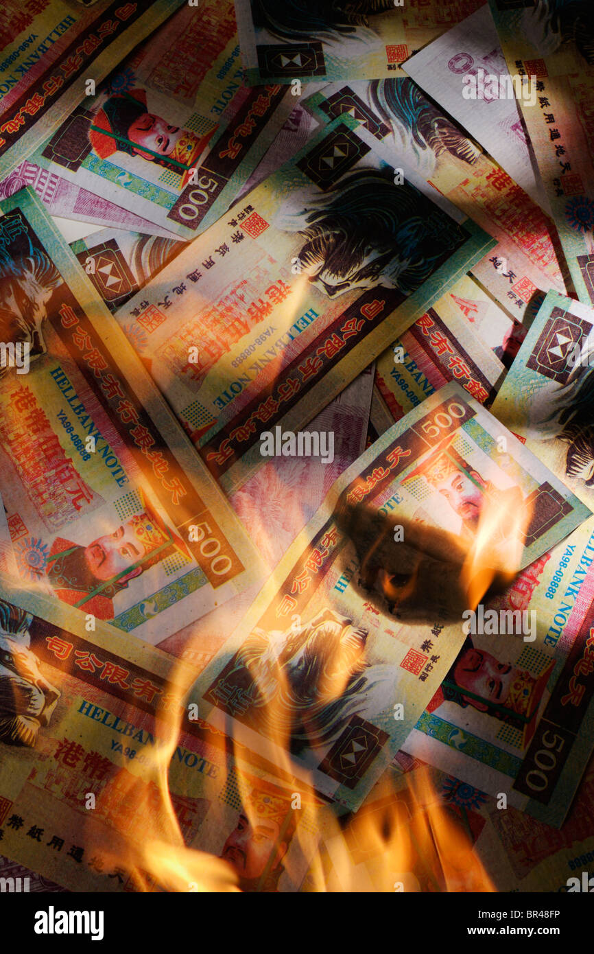 Chinese, Hellbank, joss paper money on fire. Stock Photo