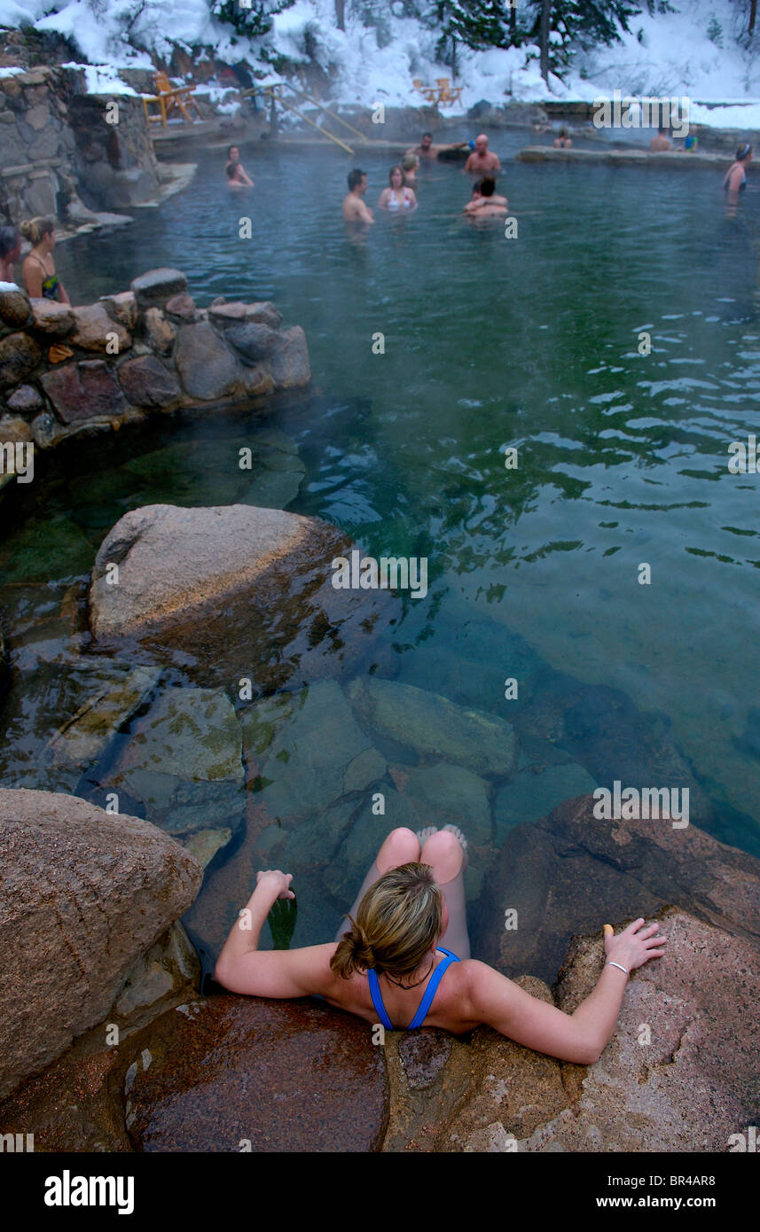 A woman at a natural hot springs near Steamboat Springs, Colorado. Stock Photo