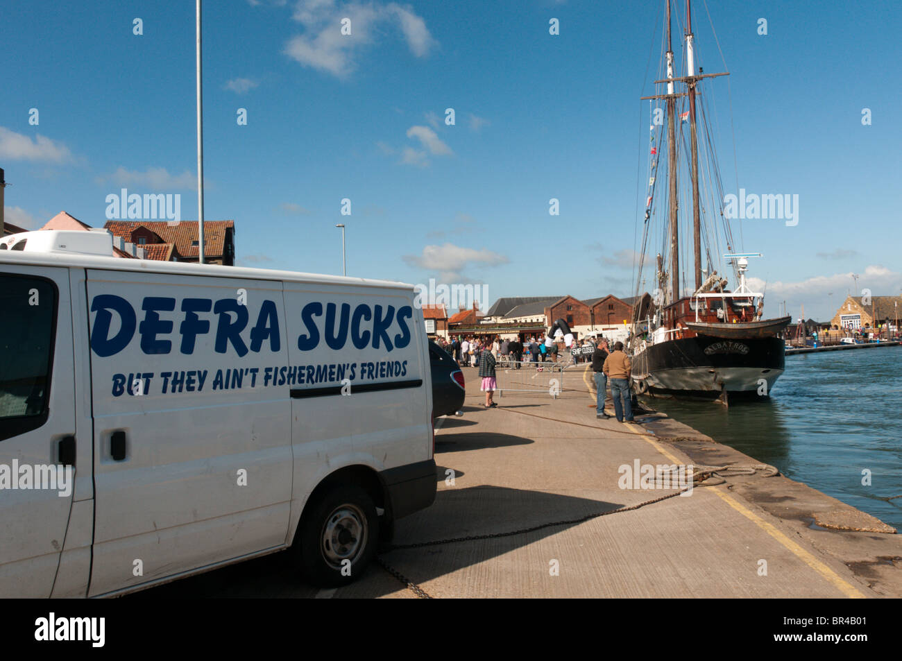 Protest at the government's fishing policy painted on a van at Wells next the Sea, Norfolk Stock Photo