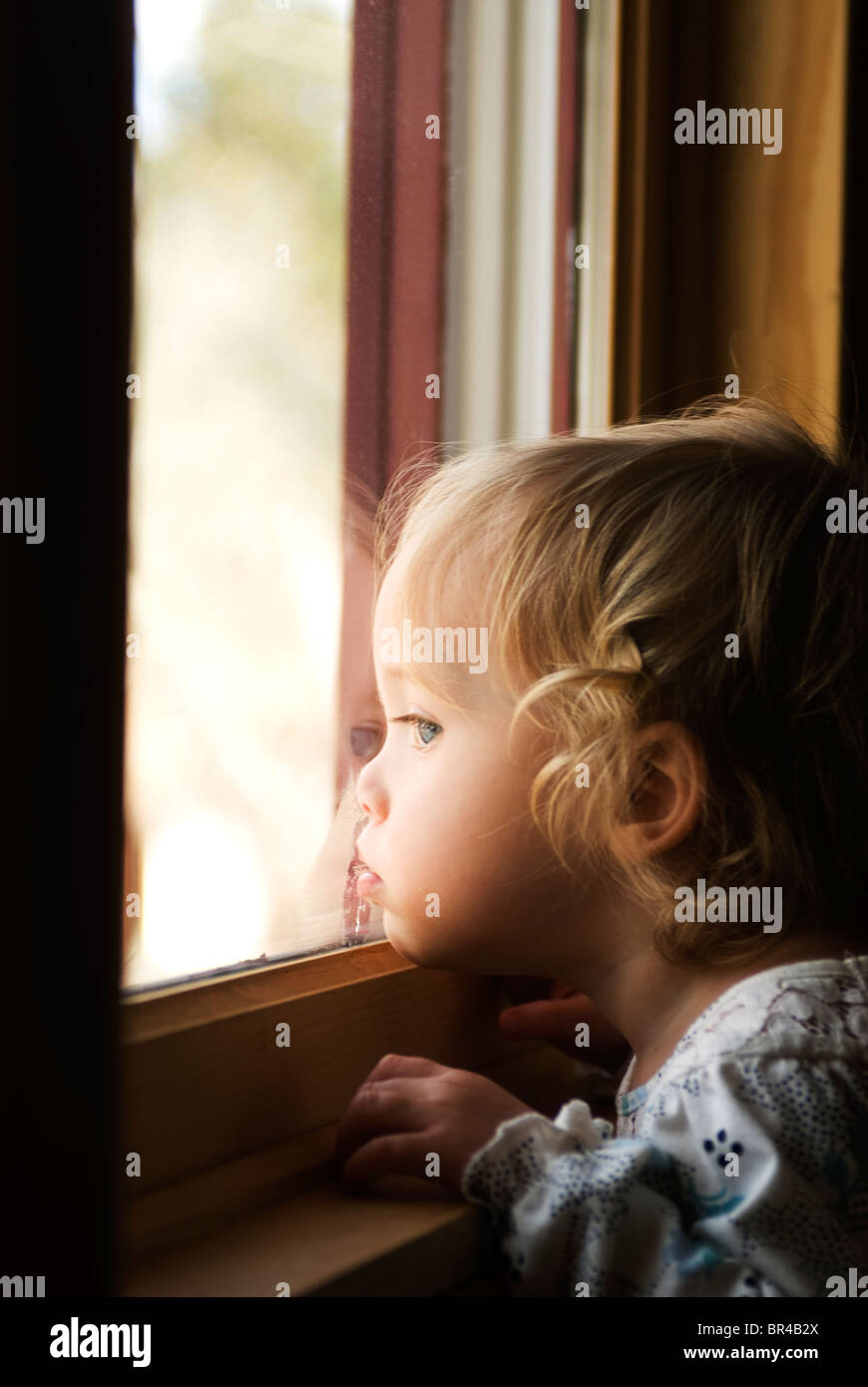 A curious toddler looks out the window at the world outside, Flagstaff, Arizona. Stock Photo
