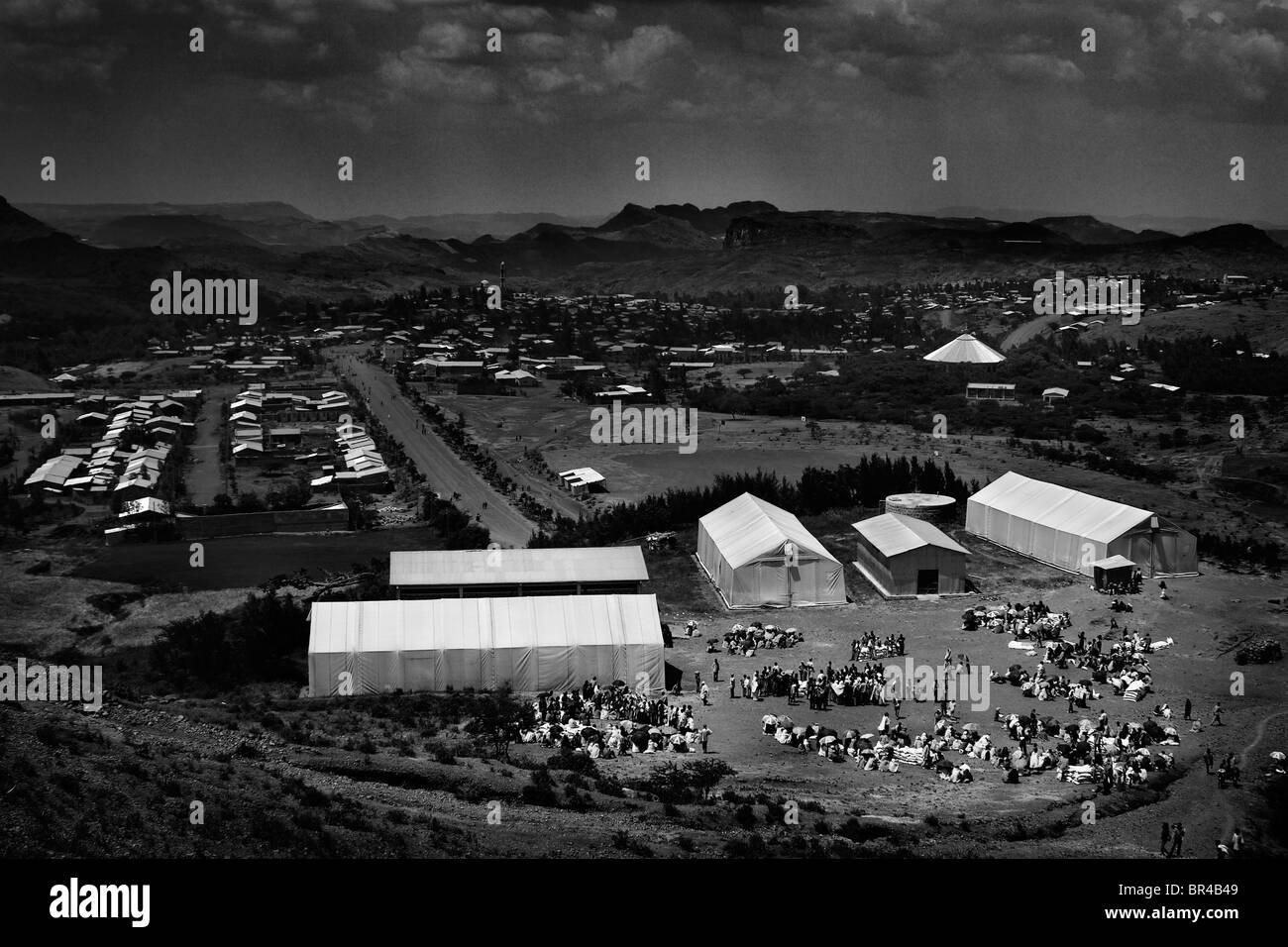 View from Sekota Town of an aid point, Sekota, Ethiopia Stock Photo