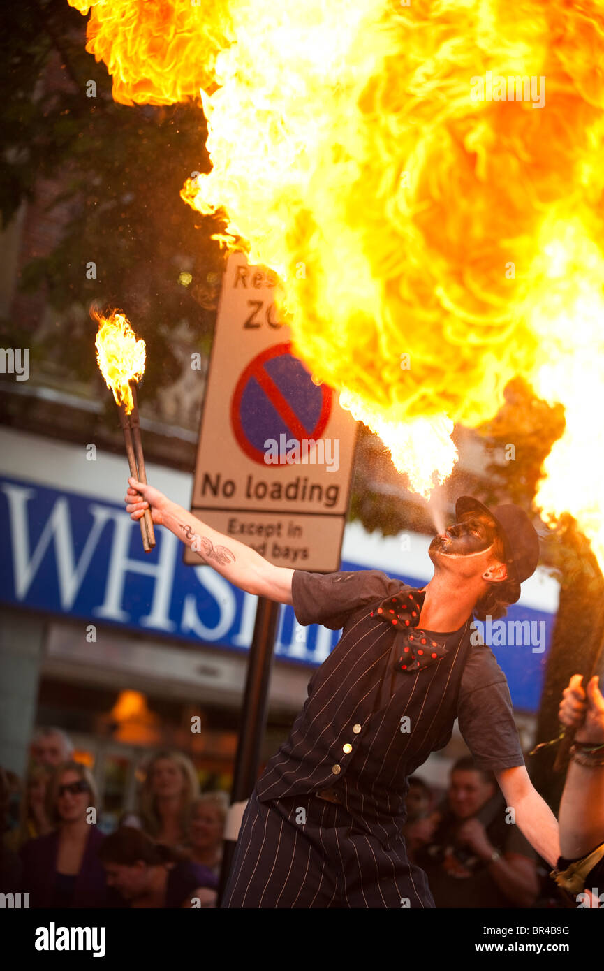 Fire breather at Shrewsbury International Street Theatre Festival, Shropshire, UK Stock Photo