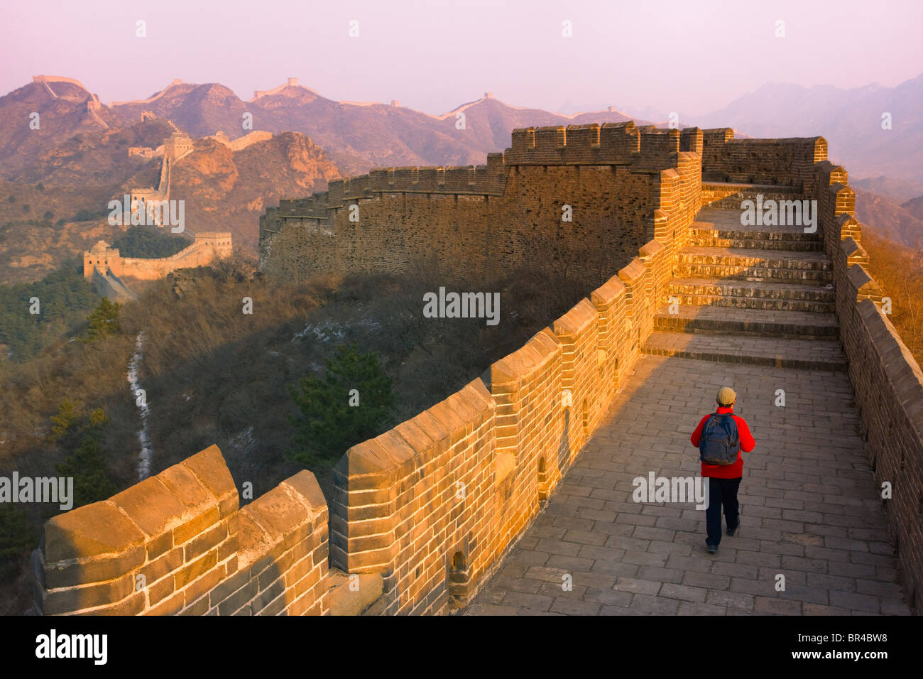 Hiker on Great Wall, Jinshanling, Hebei, China Stock Photo