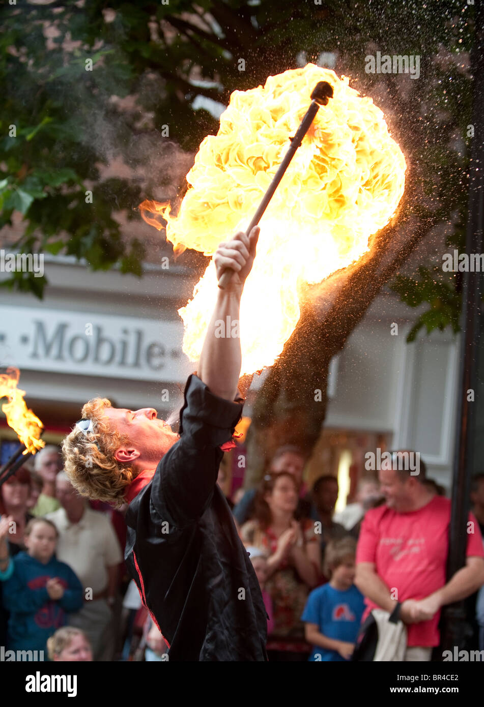 Fire breather at Shrewsbury International Street Theatre Festival, Shropshire UK Stock Photo