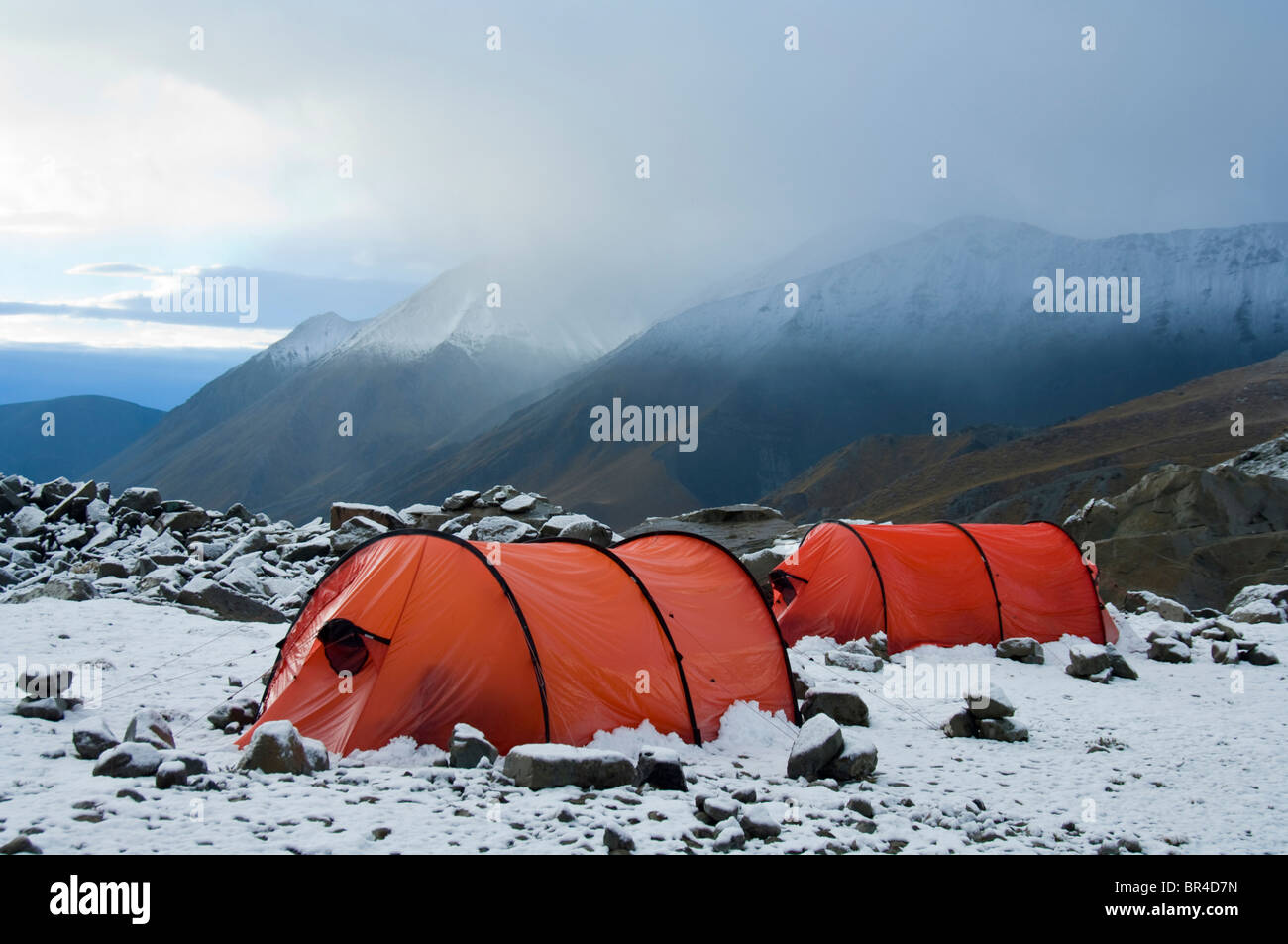 New Zealand, South Island, Arrowsmith Range. Snowy campsite with Hilleberg  tents near Ashburton Glacier Stock Photo - Alamy