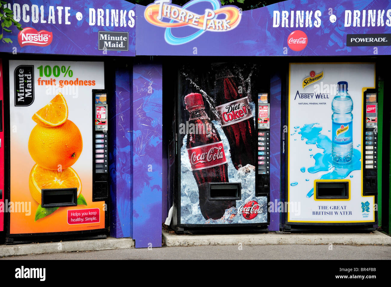 Drink vending machines, Thorpe Park Theme Park, Chertsey, Surrey, England, United Kingdom Stock Photo