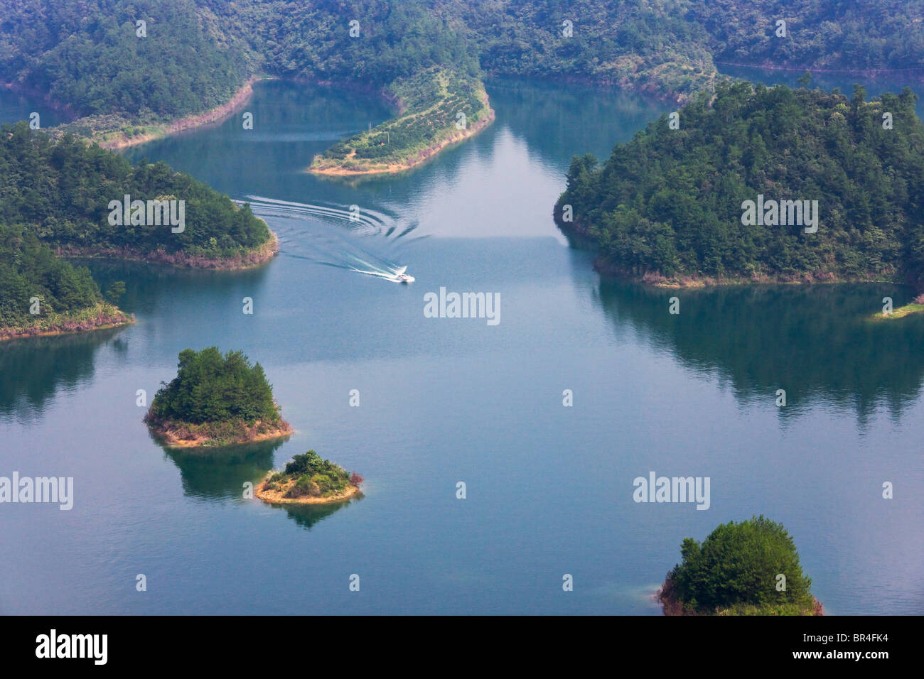 Aerial view of islands in Qiandao Lake (Thousand Island Lake), Jiande, Zhejiang Province, China Stock Photo