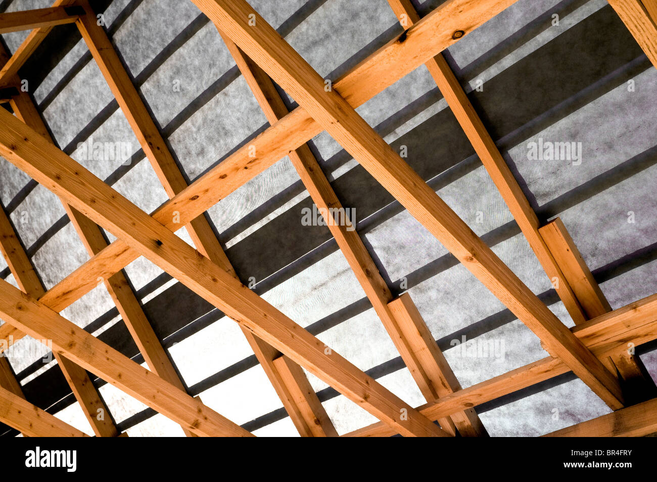 Interior of new bungalow pitched roof construction showing softwood pine A-frames - Indre-et-Loire, France. Stock Photo
