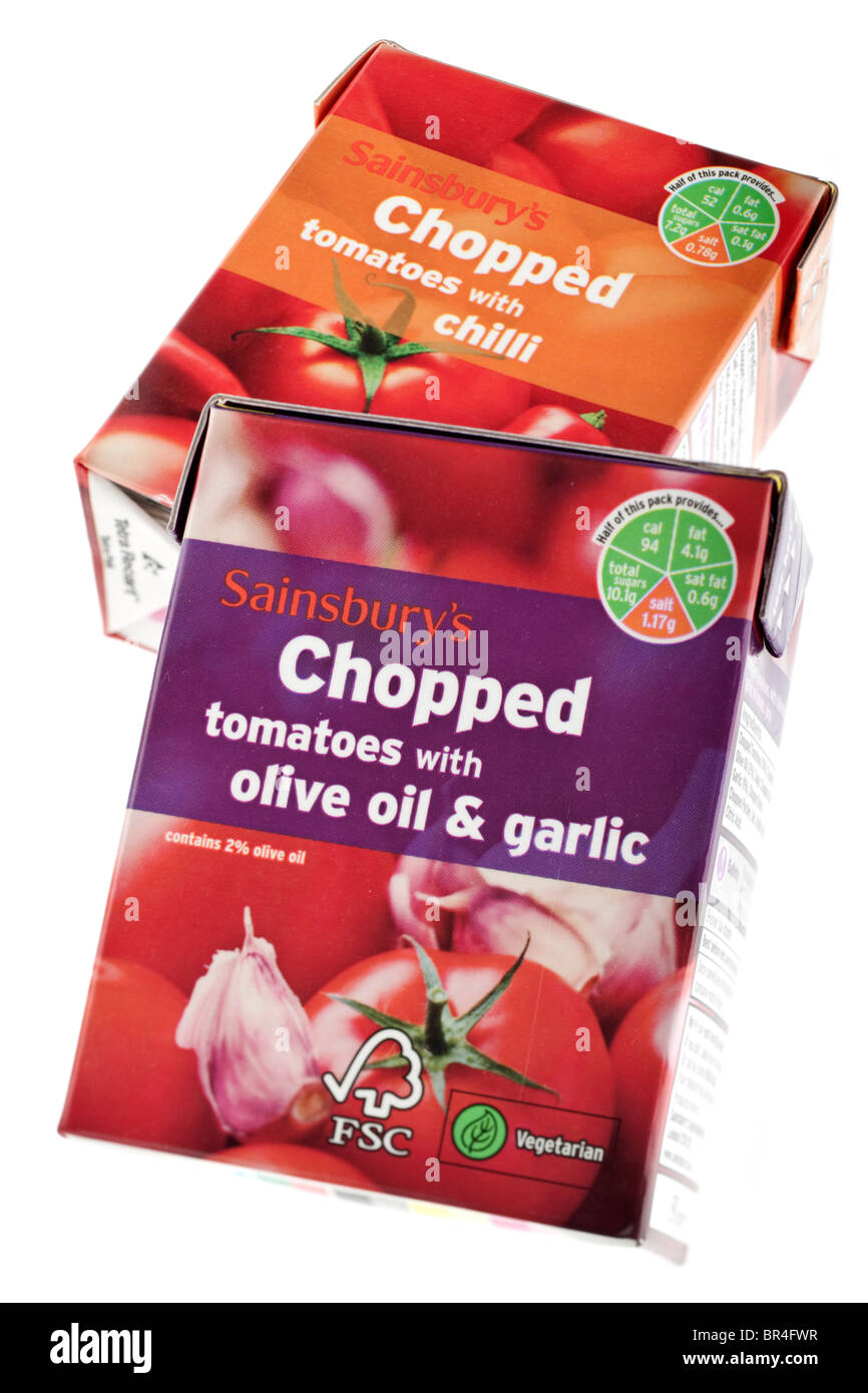 Two Cartons of Sainsburys chopped tomatoes one with olive oil and